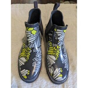 SakrootS rain booties gray yellow floral size 8 boho cottage core waterproof